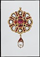 Octagonal Rosette Pendant, Fabricated from gold; worked in kundan technique and set with diamonds, rubies and emeralds; with pendant pearl and enameled cap